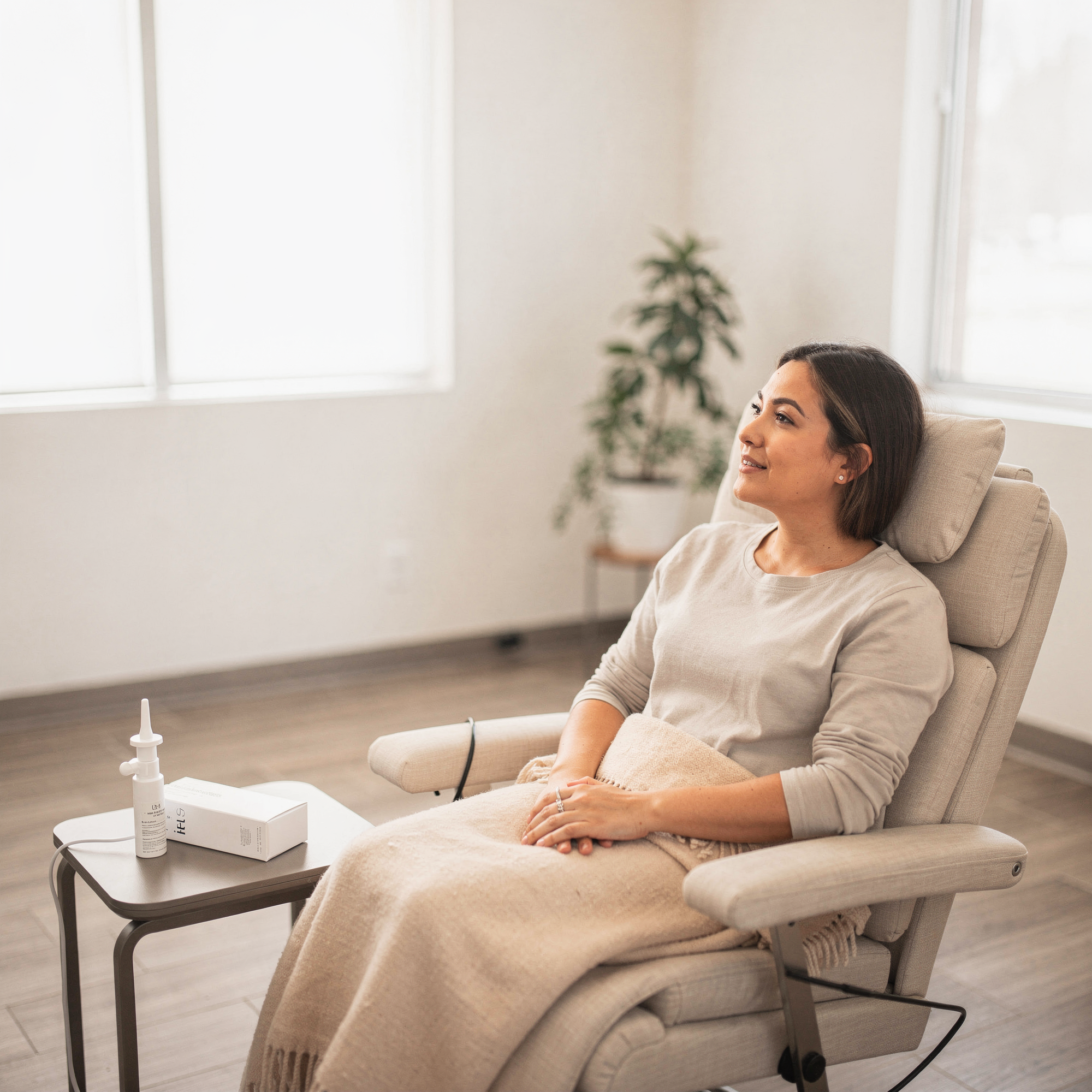 Patient relaxing in treatment chair during Spravato session at Neowellnez clinic